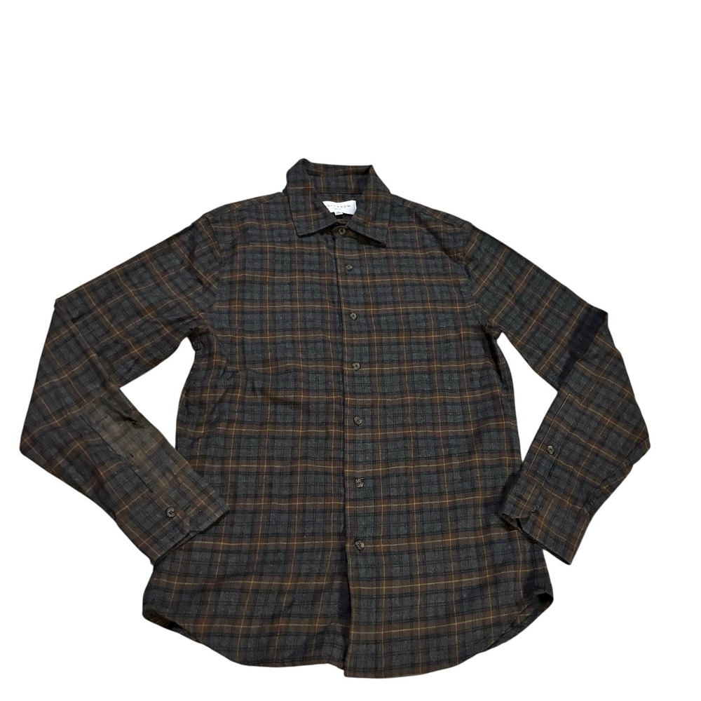 Mott & Bow Long Sleeve Flannel Plaid Shirt Men Size S Brown Grey Casual‎ Preppy
